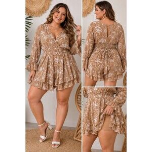 NWT Hint Of Blush Women 1X Floral Romper Boho Faux Wrap Ruffle Babydoll Flowy